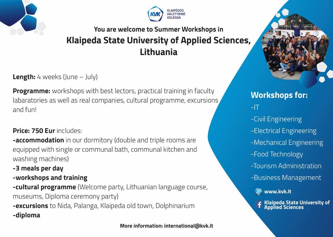 التعاون الدولي: برامج تدريبية  صيف 2018  في الجامعات الأوروبية  (ليتوانيا)    KLAIP ĖDA STATE UN IVERSITY OF APLLIED SCIENCES 
