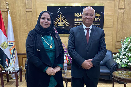 Mrs.Samia Abd El Hamid congratulates Dr.Gamal Soussa for his new Position as Benha University President