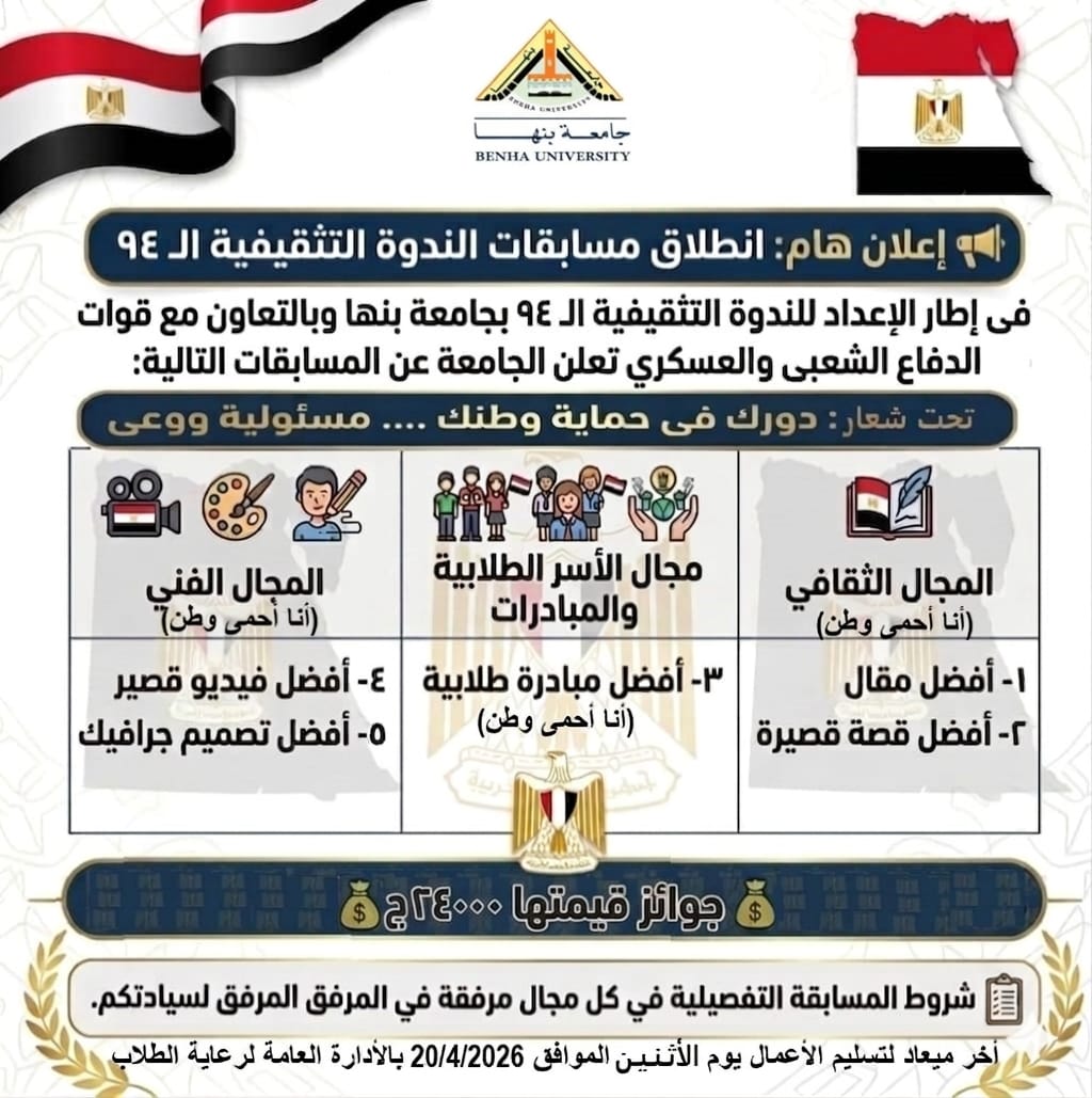 جامعة بنها تعلن عن انطلاق عدة مسابقات تحت شعار دورك في حماية وطنك .. مسئولية ووعي 